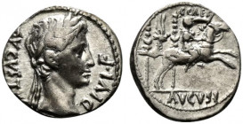 Augustus (27 BC-AD 14). AR Denarius (19mm, 3.72g, 3h). Lugdunum, 8 BC. Laureate head r. R/ Caius caesar on horseback riding r., holding sword and rein...