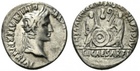 Augustus (27 BC-AD 14). AR Denarius (18.5mm, 3.53g, 11h). Lugdunum, 2 BC-AD 4. Laureate head r. R/ Caius and Lucius Caesars standing facing, holding s...