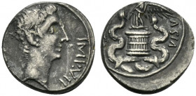 Augustus (27 BC-AD 14). AR Quinarius (13mm, 1.74g, 3h). Uncertain Italian or Ephesus, 29-8 BC. Bare head r. R/ Victory standing l. on cista mystica, h...