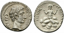 Augustus (27 BC-AD 14). AR Denarius (19.5mm, 3.88g, 1h). Rome, P. Petronius Turpilianus, moneyer, 19-18 BC. Bare head r. R/ Tarpeia standing facing, w...