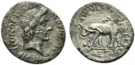 Augustus (27 BC-AD 14). AR Denarius (19mm, 3.03g, 9h). Rome. M. Durmius, moneyer, 19/8 BC. Head of Honos r. R/ Augustus driving biga of elephants l., ...
