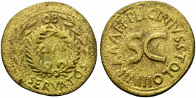 Augustus (27 BC-AD 14). Æ Sestertius (35mm, 18.65g, 1h). Rome; P. Licinius Stolo, moneyer, c. 17 BC. OB above, SERVATOS below, CIVIS within oak wreath...