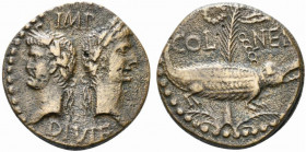 Augustus and Agrippa (27 BC-14 AD). Æ As (25mm, 11.85g, 12h). Gaul, Nemausus, c. 9/8-3 BC. Heads of Agrippa l., wearing rostral crown and laurel wreat...