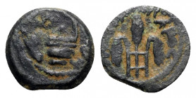 Judaea, Procurators. Pontius Pilate (26-36 CE). Æ Prutah (14.5mm, 1.63g, 11h). Jerusalem. Simpulum. R/ Three ears of corn. RPC I 4967. Near VF