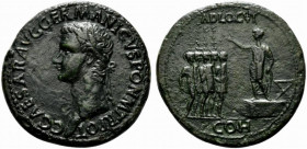 Gaius (Caligula, 37-41). Æ Sestertius (36mm, 23.83g, 6h). Rome, 40-1. Laureate head l. R/ Gaius standing l. on daïs, extending r. hand in gesture of a...