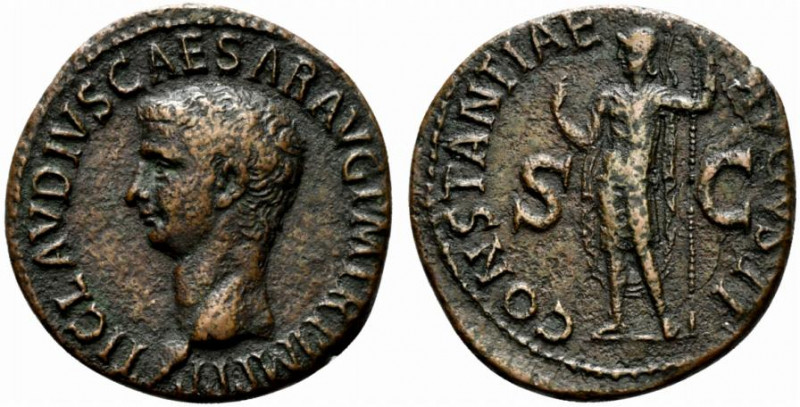 Claudius (41-54). Æ As (28mm, 9.57g, 6h). Rome, 42-3. Bare head l. R/ Constantia...