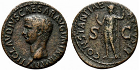 Claudius (41-54). Æ As (28mm, 9.57g, 6h). Rome, 42-3. Bare head l. R/ Constantia standing l., holding sceptre and raising hand to head. RIC I 111. VF