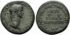 Claudius (41-54). Æ Sestertius (36mm, 24.22g, 7h). Rome. Laureate head r. R/ EX S C/ P P/ OB/ CIVES/ SERVATOS in four lines within oak wreath. RIC I 1...