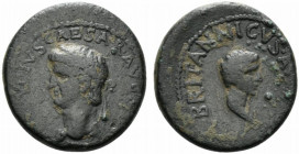 Claudius with Britannicus (41-54). Judaea, Caesarea Panias. Æ (20mm, 6.50g, 6h). Laureate head of Claudius l. R/ Bare head of Britannicus r. RPC I 484...