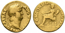 Nero (54-68). AV Aureus (17mm, 7.10g, 6h). Rome, c. 64-5. Laureate head r. R/ Concordia seated l., holding patera and cornucopia. RIC I 48. Near VF
