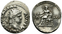 Nero (54-68). AR Denarius (19.5mm, 3.44g, 6h). Rome, 67-8. Laureate head r. R/ Salus seated l. on throne, holding patera in r. hand. RIC I 72; RSC 320...
