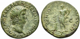 Nero (54-68). Æ Dupondius (24mm, 7.35g, 6h). Rome, AD 64. Radiate head r. R/ Genius standing l., holding patera over altar and cornucopia; T in ex. RI...