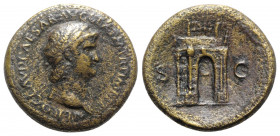 Nero (54-68). Æ Sestertius (35mm, 24.70g, 6h). Rome, c. AD 64. Laureate head r., wearing aegis. R/ Triumphal arch. RIC I 143. Near VF