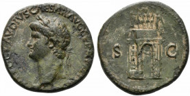 Nero (54-68). Æ Sestertius (34mm, 26.36g, 7h). Rome, c. AD 64. Laureate head l. R/ Triumphal arch surmounted by statue of emperor in quadriga accompan...