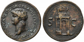Nero (54-68). Æ Sestertius (37mm, 25.83g, 11h). Rome, c. AD 64. Laureate head l. R/ Triumphal arch surmounted by statue of emperor in quadriga accompa...