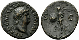 Nero (54-68). Æ As (27.5mm, 10.26g, 6h). Rome, c. AD 65. Laureate head r. R/ Victory flying l., holding shield inscribed S P Q R. RIC I 312. Roughness...
