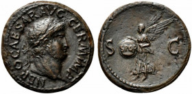 Nero (54-68). Æ As (29mm, 9.13g, 6h). Rome, c. AD 65. Laureate head r. R/ Victory flying l., holding shield inscribed S P Q R. RIC I 312. Tooled, VF