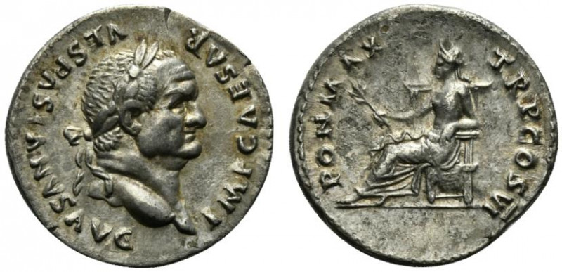 Vespasian (69-79). AR Denarius (19.5mm, 3.44g, 6h). Rome, AD 75. Laureate head r...