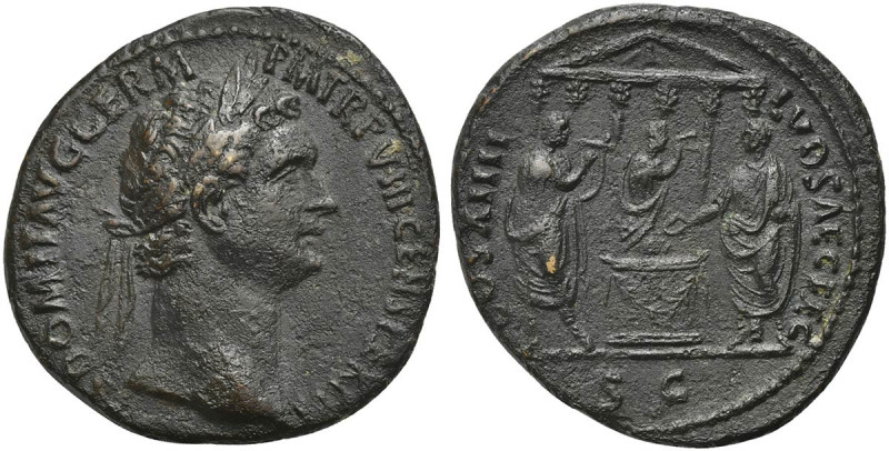 Domitian (81-96). Æ As (29mm, 8.59g, 6h). Secular Games issue. Rome, AD 88. Laur...