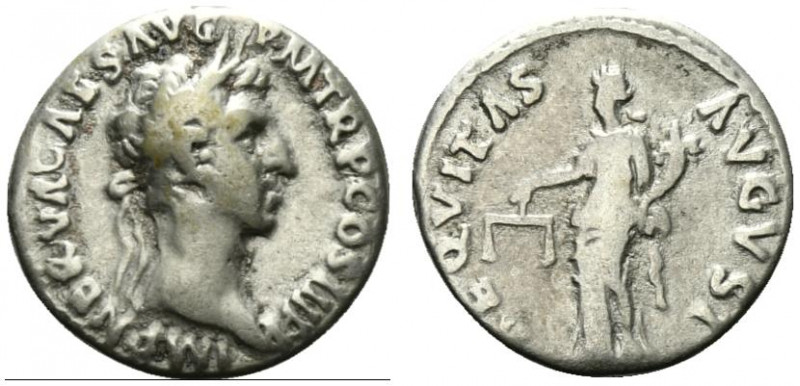 Nerva (96-98). AR Denarius (17mm, 3.42g, 6h). Rome, AD 96 Laureate head r. R/ Ae...