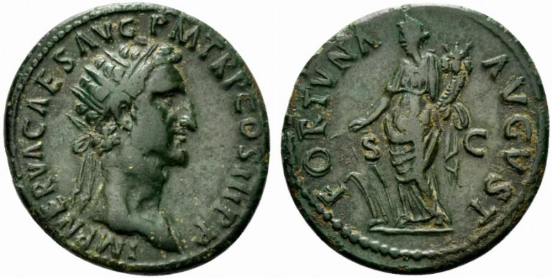 Nerva (96-98). Æ Dupondius (28.5mm, 12.13g, 6h). Rome, AD 97. Radiate head r. R/...