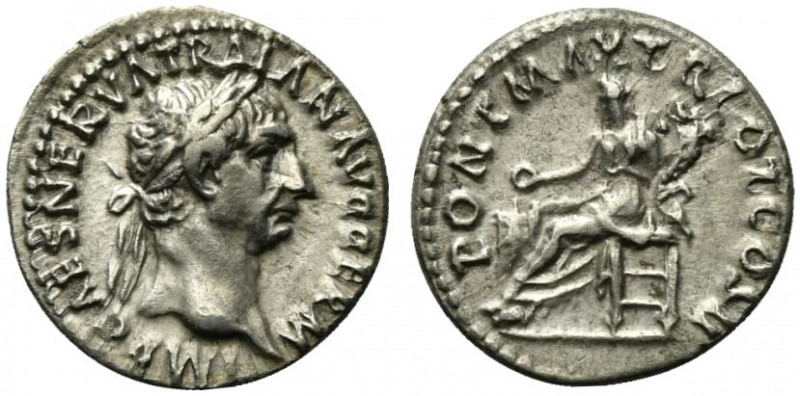 Trajan (98-117). AR Denarius (17.5mm, 3.24g, 6h). Rome, AD 98. Laureate head r. ...