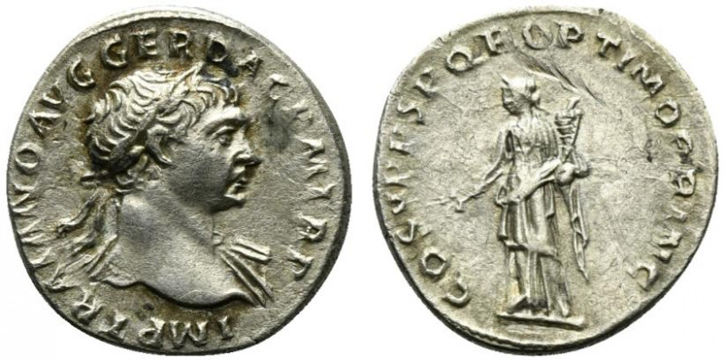 Trajan (98-117). AR Denarius (18mm, 2.90g, 6h). Rome, c. 108-19. Laureate bust r...