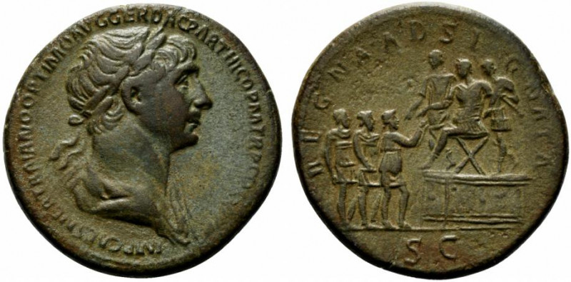 Trajan (98-117). Æ Sestertius (34.5mm, 24.07g, 6h). Rome, 116-7. Laureate and dr...