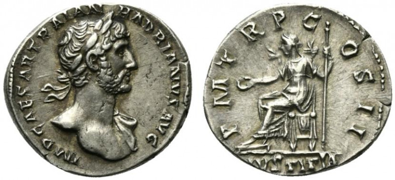 Hadrian (117-138). AR Denarius (19mm, 3.64g, 6h). Rome, AD 118. Laureate bust r....