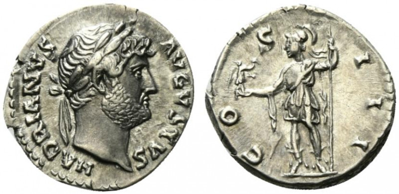 Hadrian (117-138). AR Denarius (18mm, 3.12g, 6h). Rome, 125-8. Laureate bust r.,...