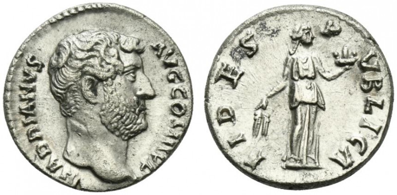 Hadrian (117-138). AR Denarius (17mm, 3.47g, 6h). Rome, AD 136. Bare head r. R/ ...