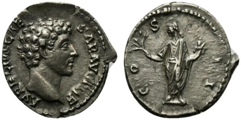 Marcus Aurelius (Caesar, 139-161). AR Denarius (18.5mm, 2.96g, 6h). Rome, 145-7....