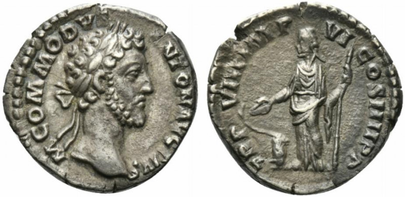 Commodus (177-192). AR Denarius (17.5mm, 3.24g, 12h). Rome, AD 183. Laureate hea...