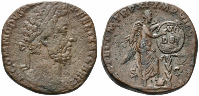 Commodus (177-192). Æ Sestertius (28mm, 22.76g, 6h). Rome, AD 186. Laureate head...