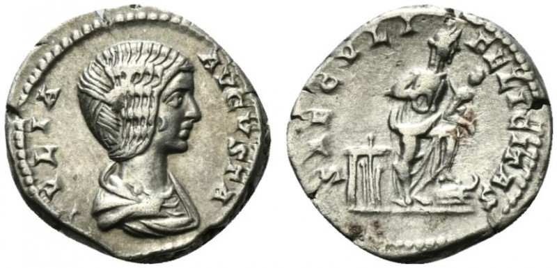 Julia Domna (Augusta, 193-217). AR Denarius (18mm, 3.34g, 12h). Draped bust r. R...