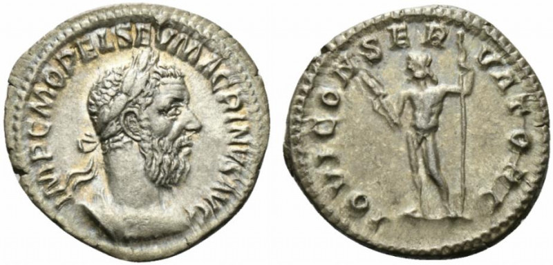 Macrinus (217-218). AR Denarius (20mm, 3.42g, 6h). Rome, 217-8. Laureate and cui...