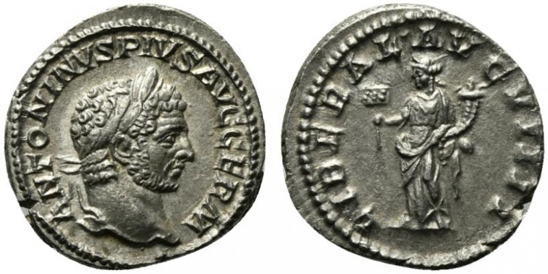 Caracalla (198-217). AR Denarius (18.5mm, 3.14g, 12h). Rome, 215. Laureate head ...