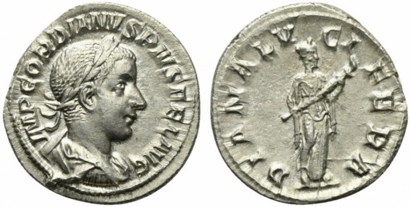 Gordian III (238-244). AR Denarius (19mm, 2.77g, 11h). Rome, AD 240. Laureate, d...