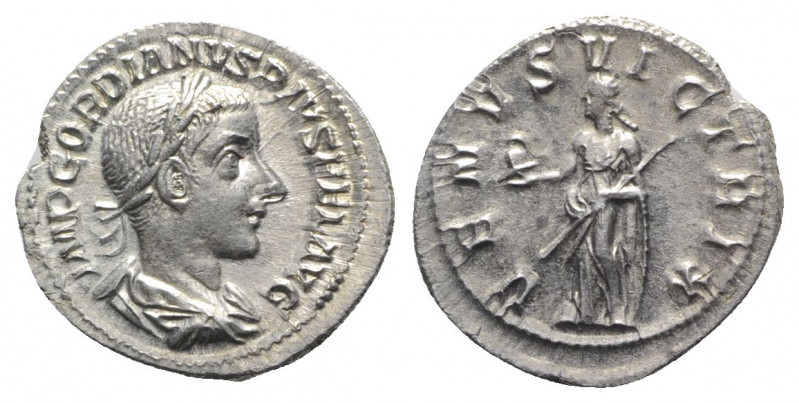 Gordian III (238-244). AR Denarius (20mm, 3.39g, 12h). Rome, AD 240. Laureate, d...