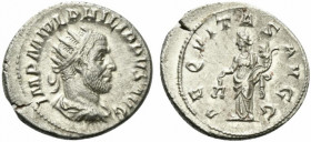 Philip I (244-249). AR Antoninianus (23.5mm, 4.73g, 6h). Rome, AD 246. Radiate, draped and cuirassed bust r. R/ Aequitas standing l., holding scales a...