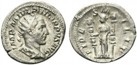 Philip I (244-249). AR Antoninianus (23.5mm, 4.77g, 1h). Rome, AD 244. Radiate, draped and cuirassed bust r. R/ Fides standing l., holding sceptre and...