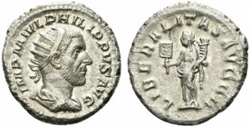 Philip I (244-249). AR Antoninianus (21.5mm, 4.91g, 12h). Rome, AD 245. Radiate, draped and cuirassed bust r. R/ Liberalitas standing l., holding abac...