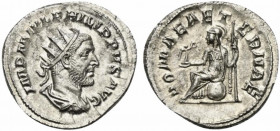 Philip I (244-249). AR Antoninianus (23.5mm, 4.16g, 12h). Rome, 246-7. Radiate, draped and cuirassed bust r. R/ Roma seated l. on shield, holding Vict...