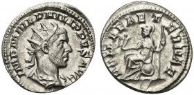 Philip I (244-249). AR Antoninianus (22mm, 4.02g, 6h). Rome, 246-7. Radiate, draped and cuirassed bust r. R/ Roma seated l. on shield, holding Victory...