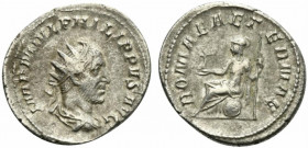 Philip I (244-249). AR Antoninianus (23.5mm, 4.30g, 6h). Rome, 246-7. Radiate, draped and cuirassed bust r. R/ Roma seated l. on shield, holding Victo...