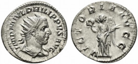 Philip I (244-249). AR Antoninianus (23mm, 3.82g, 6h). Rome, AD 244. Radiate, draped and cuirassed bust r. R/ Victory standing l., holding wreath and ...