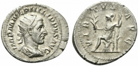 Philip I (244-249). AR Antoninianus (23.5mm, 4.09g, 1h). Rome, AD 244. Radiate, draped and cuirassed bust r. R/ Virtus seated l. on cuirass, holding b...