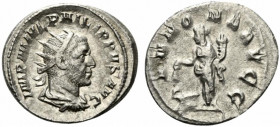 Philip I (244-249). AR Antoninianus (23mm, 4.45g, 6h). Rome, 247-9. Radiate, draped and cuirassed bust r. R/ Annona standing l., holding grain ears ov...