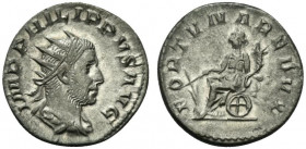 Philip I (244-249). AR Antoninianus (20.5mm, 4.21g, 6h). Rome, AD 249. Radiate, draped and cuirassed bust r., seen from behind. R/ Fortuna seated l., ...