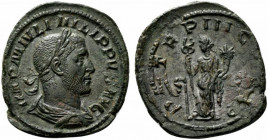 Philip I (244-249). Æ Sestertius (30mm, 22.51g, 12h). Rome, AD 246. Laureate, draped and cuirassed bust r., seen from behind. R/ Felicitas standing fa...